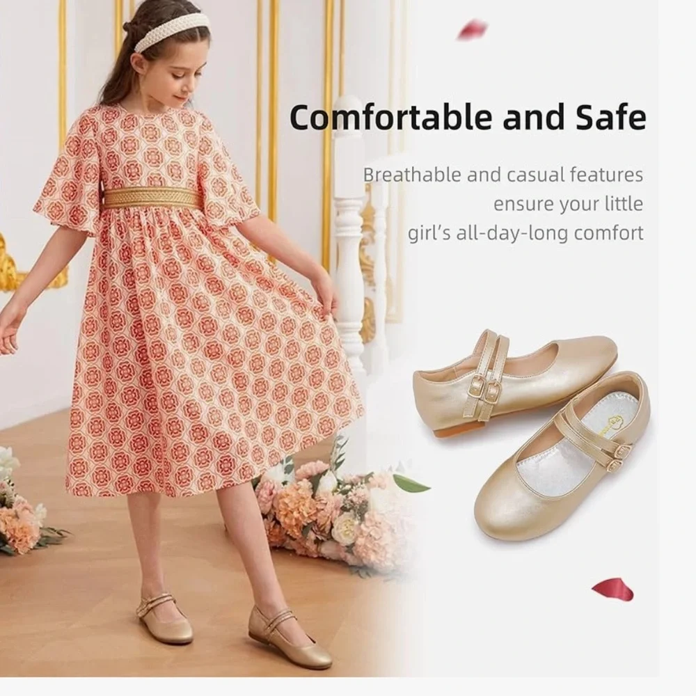 Girls Gold Mary Jane Double Strap Dress Shoes Size 2 Little Girl